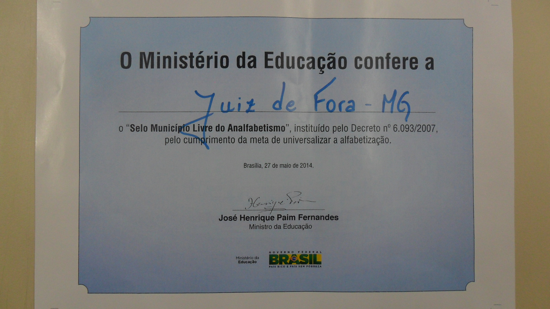 Portal de Notcias PJF | Qualidade na educao  Juiz de Fora recebe o Selo de Municpio Livre do Analfabetismo | SE - 18/6/2014